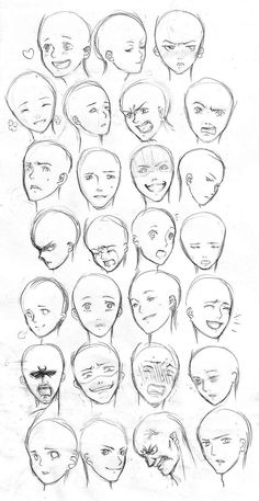 a bunch of different facial expressions drawn by someone's hand in pencil on paper