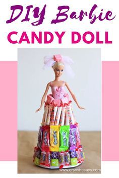 a barbie doll sitting on top of a pile of candy bars with the words diy barbie