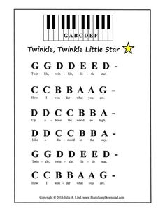 the twinkle little star song sheet with piano keys and numbers on it's side