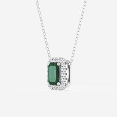 6.7x4.69 mm Created Emerald and 1/5 ctw Round Lab Grown Diamond Halo Pendant with Adjustable Chain Platinum Emerald Cut Platinum Jewelry With Pave Setting, Fine Jewelry With Emerald Cut And Pave Setting, Emerald Cut Halo Setting Fine Jewelry Necklaces, Emerald Cut Halo Setting Fine Jewelry Necklace, Diamond Jewelry With Pave Setting For May Birthstone, Fine Jewelry Emerald Cut Necklace With Halo Setting, Radiant Cut Diamond Jewelry For May Birthstone, Classic Jewelry With Pave Setting For May Birthstone, Fine Jewelry With Radiant Cut And Pave Setting