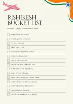 a list with an airplane on it and the words rishkesh bucket list