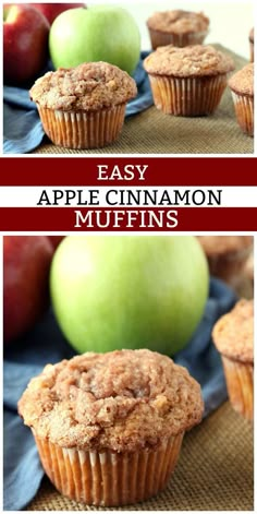 apple cinnamon muffins on a table with apples in the background and text overlay