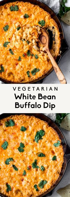 two images of vegetarian white bean buffalo dip in a cast iron skillet with a wooden spoon