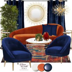 an orange and blue living room with two chairs, a coffee table and a potted plant