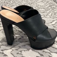 Nwot, Never Worn. Turned Out To Just Be A Bit Too High For Me. Beautiful Guess Design With Crisscross. Super Cute! Cut Small, I Usually Wear 8-8.5. Jordan Heels, Ladies Heels, Chic High Heels, Leather Clog, I'm Broke, High Heel Mules, Beautiful High Heels, Clog Heels, Heel Mules