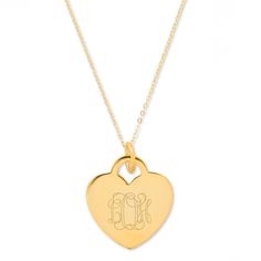 Our Engravable Gold Heart Pendant is a beautiful keepsake that you will cherish for years to come.  This gold heart comes in two sizes  both which can be engraved on either side. The small size measures .75 inches at its widest and the large measures 1 inch. The engraved heart necklace comes on your choice of a 16" or 18" gold rolo chain. Choose your font type and text type to personalize this piece with your name or the name of a loved one.  Details: • Gold Plated Heart Tag • Engravable • Two H Heart-shaped Name Necklace As Personalized Gift, Classic Jewelry For Valentine's Day With Polished Finish, Classic Jewelry With Polished Finish For Valentine's Day, Classic Heart Pendant Jewelry With Polished Finish, Classic Polished Heart Pendant Jewelry, Classic Heart-shaped Jewelry With Polished Finish, Classic Yellow Gold Charm Necklace With Polished Finish, Custom Heart Pendant Necklace For Anniversary, Gold Custom Pendant Necklace For Valentine's Day