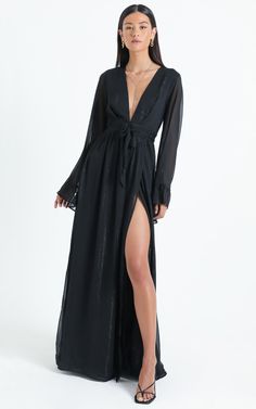 Dangerous Woman Maxi Dress in Black | Showpo Glamorous Evening Maxi Dress With Split, Glamorous Split Maxi Dress For Evening, Long Maxi Dress With Sheer Sleeves For Evening, Cocktail Maxi Dress With Side Slits And V-neck, Sheer V-neck Maxi Dress For Formal Occasions, V-neck Maxi Dress With Side Slits For Cocktail, Flowy Maxi Dress With Side Slits For Evening, Sheer V-neck Maxi Dress For Party, Sheer V-neck Maxi Dress For Date Night