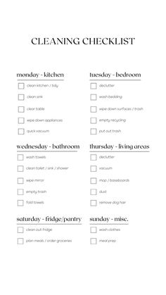 the cleaning checklist is shown in black and white