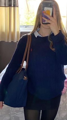 sixth form outfit inspo🫐 navy ralph lauren knit 🫐 stripy shirt collar🫐 navy longchamp le pliage 🫐 Sixth Form Outfit, Ralph Lauren Sweater Outfit, Navy Longchamp, Longchamp Le Pliage Outfit, Longchamp Outfit, Navy Ralph Lauren, Scandi Fashion, Ralph Lauren Womens Clothing