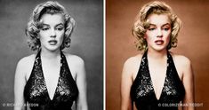 two photos of marilyn monroe in black and white