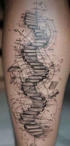 a man's leg with a tattoo on it that looks like a spiral staircase