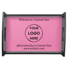 a pink and black tray with the words welcome to custom text on it for your company