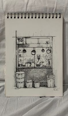 a drawing of a kitchen with pots and pans