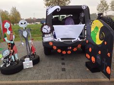 the back of a truck decorated with halloween decorations