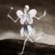 a skeleton dressed as a fairy dancing with an arrow in her hand and holding a stick