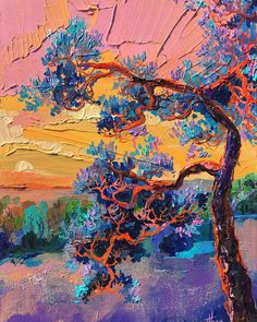 an oil painting of a tree in front of a sunset