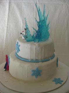 a three tiered cake with frosting and decorations on the top, sitting on a white plate