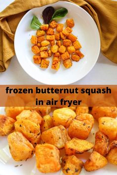 Pinterest image with two pictures. One is roasted butternut squash is served on a plate and the other one is a close-up of cubes roasted yellow veggies. There is a title in the middle of the pin. Butternut Squash Hashbrowns, Air Fryer Butternut Squash, Hanukkah Recipes, Easy Healthy Side Dishes, Frozen Butternut Squash, Butternut Squash Cubes, Hashbrown Casserole, Savory Foods, Fry Recipes