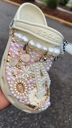 Custom Bling Crocs for any occasion. *Please allow up to 14-21 days after the day of purchase to receive your order. White Blinged Out Crocs, Decorated Crocs Shoes Bling, Custom Bling Crocs, Crocs Bling Ideas, Bling Crocs Shoes Diy, Junk Crocs, Custom Crocs Diy