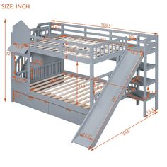 bunk bed with stairs and slide for children to climb up the ladder, size chart