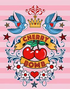 cherry bomb with two birds and ribbon on pink striped background by nicemuss com