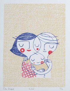 a drawing of two women holding a baby