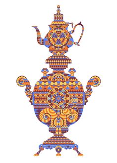 an ornately designed teapot is shown in blue and orange, against a white background