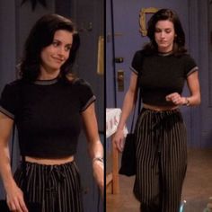 two pictures of a woman in black top and striped pants with her hand on her hip