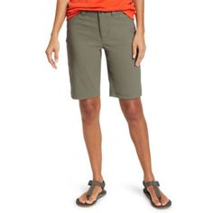 Exceptional comfort, complete mobility, and flattering style. That's what you get with these nylon/spandex bermuda shorts. They also feature a durable, water-repellent finish that causes moisture to bead and roll off rather than soak into the fabric, plus built-in UPF sun protection.Models shown are 5'9" to 5'11" tall, wearing size S/4 or L/12. Shorts Outfits Women Over 40, Chino Shorts Women, Womens Athletic Shorts, Plus Size Brands, Casual Summer Shorts, Eddie Bauer Women, Front Hand, Active Shorts, Stretch Shorts