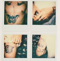 four pictures of a person with tattoos on their arms and chest, one is holding a cat