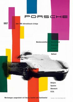 an advertisement for the porsche automobile company, with colorful squares and lines on it's side