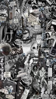 a collage of many different items and people in black and white, with one woman's face surrounded by other objects