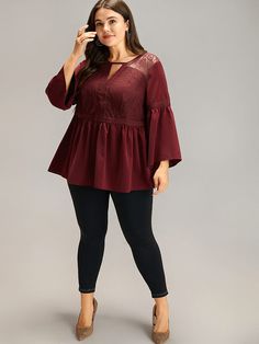 Shop Anti-Wrinkle Keyhole Crochet Lace Mesh Ruffles Blouse now and redefine your style with confidence at BloomChic. Tailored for mid and plus-size women. This trendy Tops Women, sizes 10-30. Season:Winter;Color:Burgundy;Style:Elegant;Pattern Type:Plain;Neckline:Keyhole Cut-Out;Sleeve Type:Bell Sleeve;Details:Lace, Patchwork, See through, Gathered, Plain;Pocket:No-pocket Ruffles Blouse, Burgundy Style, Trendy Plus Size Fashion, Womens Trendy Tops, Elegant Pattern, Winter Color, Lace Patchwork, Winter Colors, Plus Size Blouses