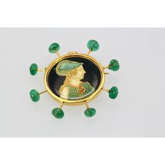 This is part of Chairish’s Fine Jewelry assortment.  Renaissance Brooch with Emerald accents in 18K Yellow Gold  Renaissance Brooch with Emerald accents in 18K Yellow Gold First of all, this brooch started out as a Vintage button which I turned into a brooch with an 18K gold rim and Emerald accents.  Also, the brooch is 45MM round with 8 Emerald Beads in a sputnik style.  Finally, this unique brooch weighs in at 11.20 grams.  Please reference the measurements noted in the description above for t Luxury Round Brooches For Collectors, Luxury Round Collectible Brooches, Luxury Cabochon Brooches For Anniversary, Luxury Anniversary Brooches With Cabochon, Luxury Cabochon Brooch, Fine Jewelry Pendant Brooches With Jewels, Fine Jewelry Brooches With Pendant Jewels, Yellow Gold Enamel Brooches, Luxury Round Cabochon Brooch