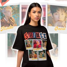 "Shinee Kpop Collage T-shirt - Shinee Kpop Sweatshirt - Shinee Merch Gift - Shinee Fan Tee - Shinee Shawol Tee - Shinee Kpop Shirt This is our unisex shirt, and it's true to size. To get the oversized look, you have to choose +1 or +2 of your original size number. If you're not sure about your size, you can refer to our size chart. Reach out if you have any issues with your order! The unisex heavy cotton tee is the basic staple of any wardrobe. It is the foundation upon which casual fashion grows. The specially spun fibers provide a smooth surface for premium printing vividity and sharpness. No side seams mean there are no itchy interruptions under the arms. The shoulders have tape for improved durability. .: 100% cotton (fiber content may vary for different colors) .: Medium fabric (5.3 o Kpop Style Summer Top With Screen Print, Trendy Fan Merchandise Short Sleeve Top, Trendy Short Sleeve Fan Merchandise Top, Kpop Style Crew Neck Streetwear Tops, Kpop Cotton Tops With Screen Print, Kpop Fan Merchandise T-shirt With Crew Neck, Kpop Fan Merchandise Graphic T-shirt, Black Kpop Short Sleeve T-shirt, Black Kpop T-shirt Short Sleeve