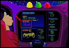 a cartoon character sitting in a car with his head on the steering wheel and looking at an information screen