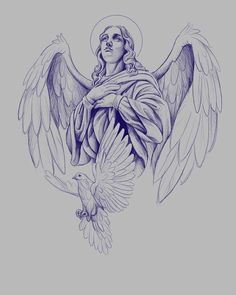 a drawing of an angel holding a dove