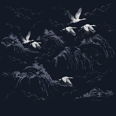 three white birds flying in the night sky with clouds and trees behind them on a dark blue background