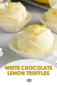 white chocolate lemon truffles on a baking sheet with bananas in the background and text overlay that reads, white chocolate lemon truffles