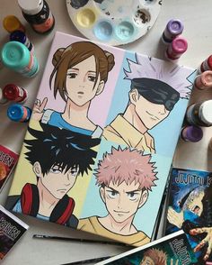 an art book with anime characters on it next to some paintbrushes and paints