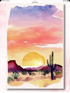 a watercolor painting of the sun setting over a desert with cacti and cactus trees