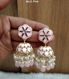 Dark Gold  jhumka earrings tikka set. Earrings length: 2.5 inches  (with drops)  Stud diameter- 0.9 inches Dome Size: 1.1 inches Pink Jewelry With Latkans For Eid, Pink Meenakari Jewelry For Eid, Festive Pink Jewelry For Eid, Pink Festive Jewelry For Eid, Traditional Pink Jewelry With Matching Earrings, Pink Cutdana Jewelry For Navratri, Traditional Pink Jewelry With Latkans, Traditional Pink Jewelry Set With Matching Earrings, Pink Meenakari Chandbali Earrings