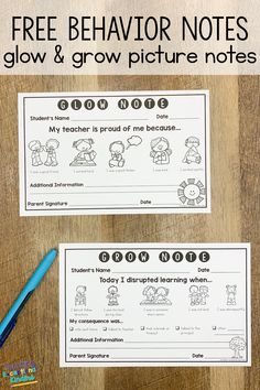 two worksheets with the text free behavior notes glow and grow pictures