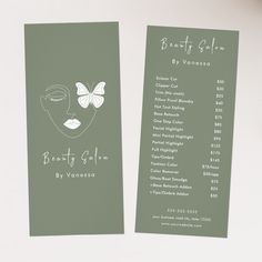 two green business cards with the words beauty salon written in white on one side and an image of a woman's face on the other