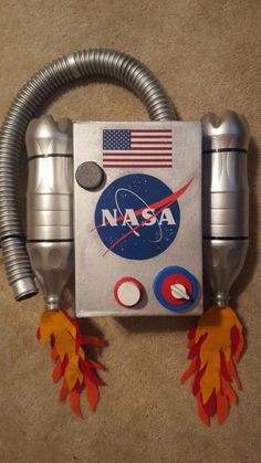 a nasa themed robot with red, white and blue decorations