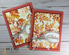 two cards with autumn leaves on them