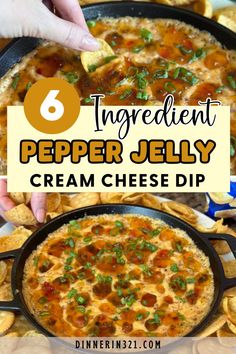 the ingredients for pepper jelly cream cheese dip in a skillet with text overlay