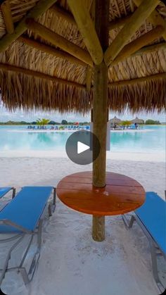 a table and chairs under a straw umbrella on the beach