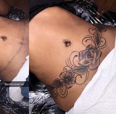 a woman with a tattoo on her stomach laying down next to another woman's stomach