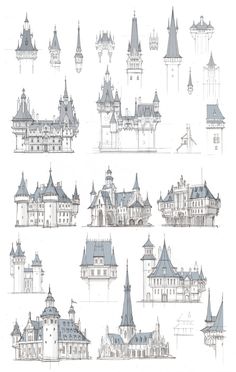 architectural drawings of castle like buildings and towers